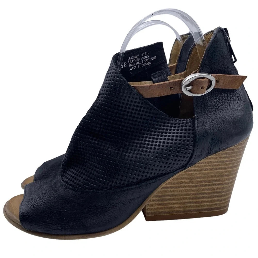 Miz Mooz Bootie Knox Women's Black Leather Ankle Wedge Block Heel Size 7.5